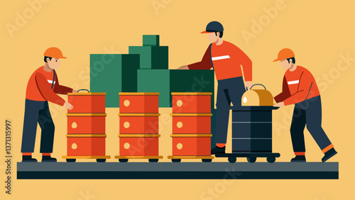 A line of workers skillfully stacking heavy oil barrels onto a pallet ready for shipment.. Vector illustration
