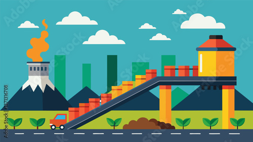 A conveyor belt carries heaps of garbage towards the incinerator fueling the energy production process.. Vector illustration
