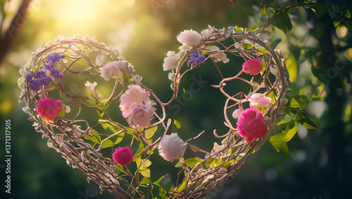 Charming hearts woven from flowers and branches merge in enchanting natural background.