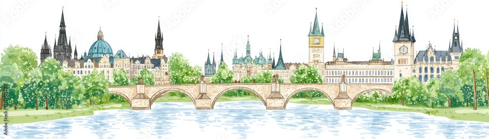 Obraz premium European city riverside illustration