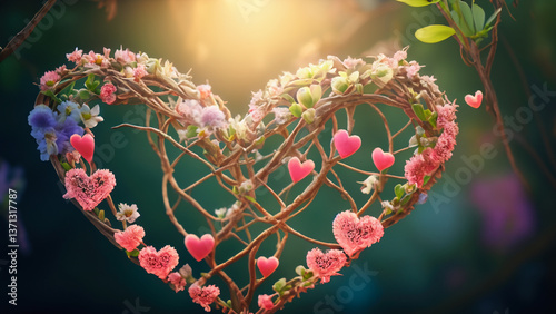 Charming hearts woven from flowers and branches merge in enchanting natural background.