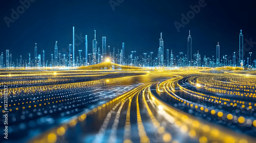 Abstract Futuristic Cityscape With Blue And Yellow Lights Photo
