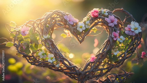 Charming hearts woven from flowers and branches merge in enchanting natural background.