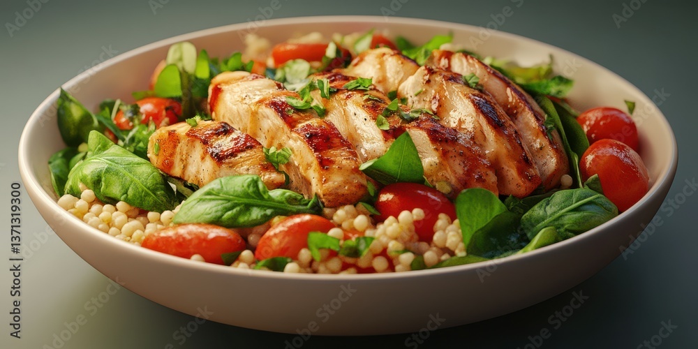 Grilled chicken salad with fresh spinach and cherry tomatoes prepared for a healthy meal Grilled chicken salad with fresh spinach and cherry tomatoes prepared for a healthy meal
