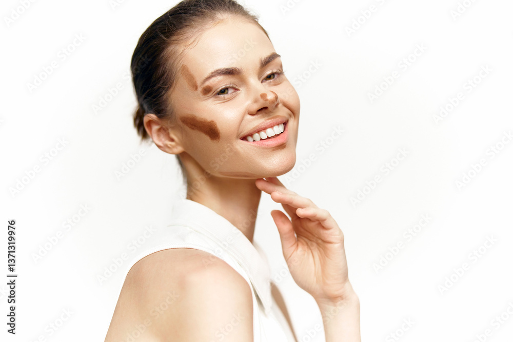Smiling young woman with unique skin patterns showcasing beauty and confidence on a light background. Smiling young woman with unique skin patterns showcasing beauty and confidence on a light background.