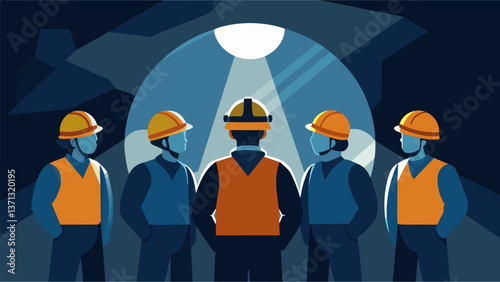 A group of coal miners their headlamps forming a circle of light as they discuss their next course of action deep underground.. Vector illustration
