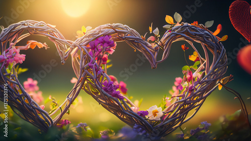 Charming hearts woven from flowers and branches merge in enchanting natural background.
