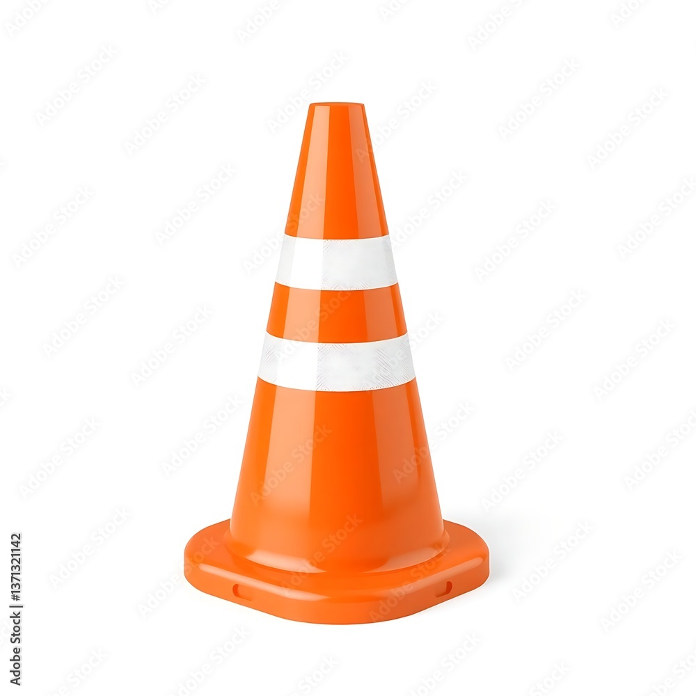 Bright orange traffic cone with reflective stripes isolated on white background Simple clean studio Bright orange traffic cone with reflective stripes isolated on white background Simple clean studio