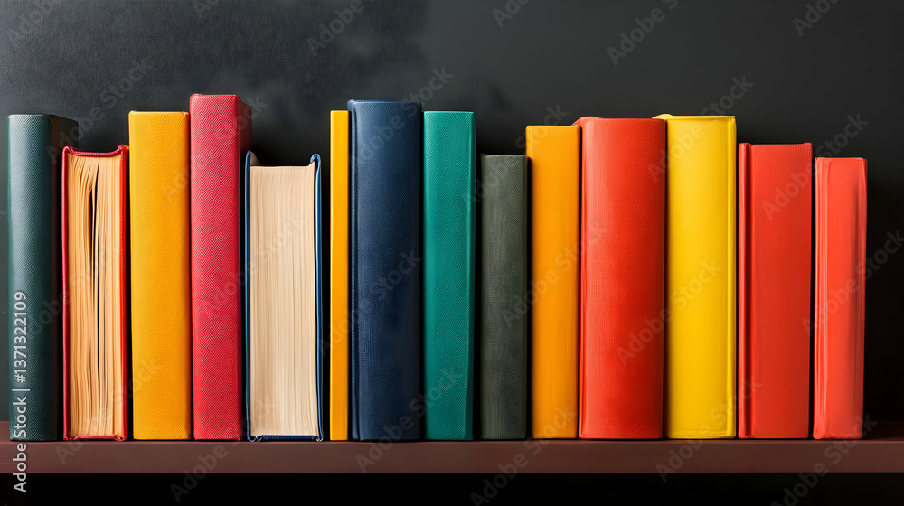 Naklejka premium Colorful Books On Wooden Shelf