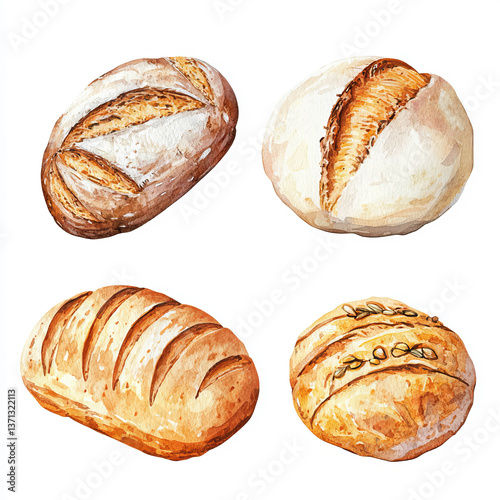 Watercolor Bread Set – White and Rye Bread, Round Loaves, Artisan Bakery Illustration, Freshly Baked Bread Set, Rustic Food Art, Traditional Sourdough Painting