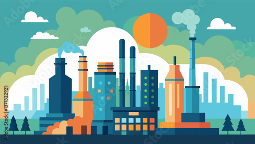 A bustling city skyline in the background powered by energy produced from the incineration of waste materials.. Vector illustration