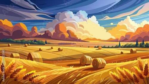 A serene landscape where haystacks rest on a golden wheat field under a dramatic autumn sky