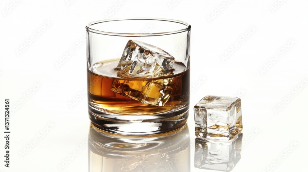Glass of Whiskey with Ice Cubes on White Background Glass of Whiskey with Ice Cubes on White Background