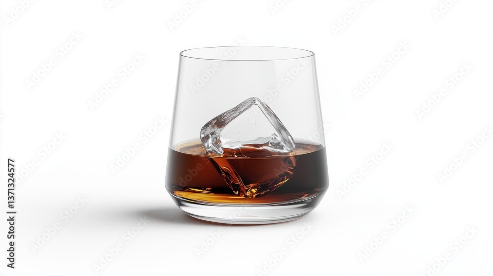 Crystal Clear Glass with Ice and Dark Whiskey on White Background Crystal Clear Glass with Ice and Dark Whiskey on White Background