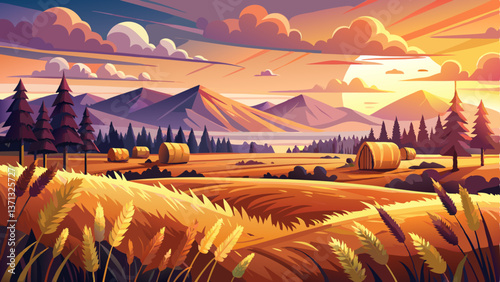 A breathtaking view of a rural harvest scene where warm hues of sunset touch the wheat and haystacks