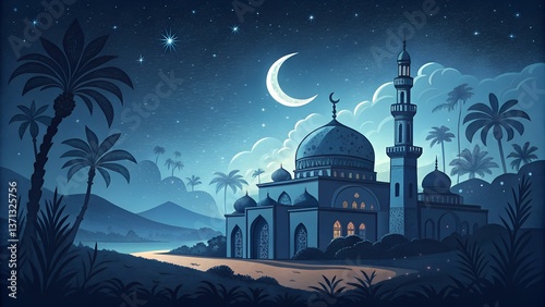 Mosque in the night of landscape