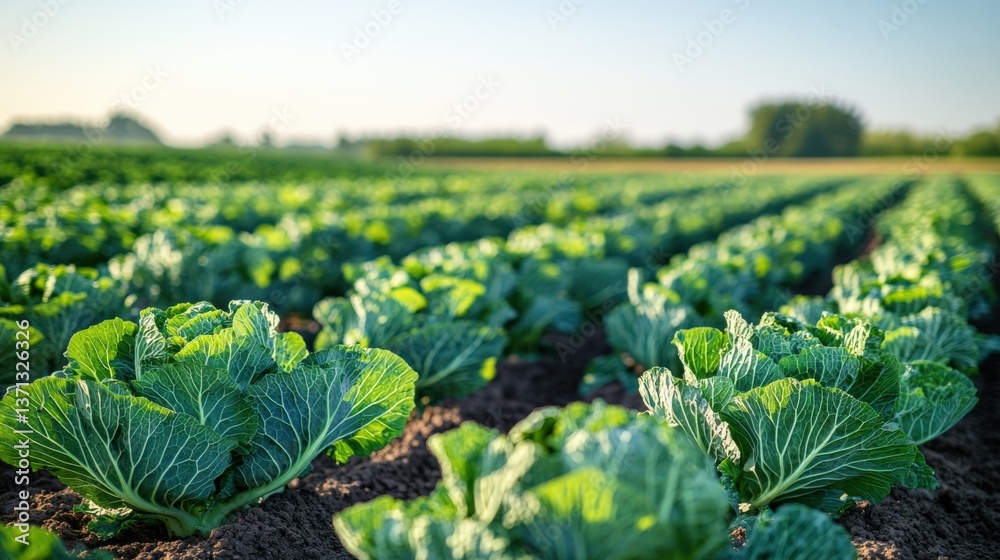 Vibrant Green Cabbage Field Under Clear Blue Sky Vibrant Green Cabbage Field Under Clear Blue Sky