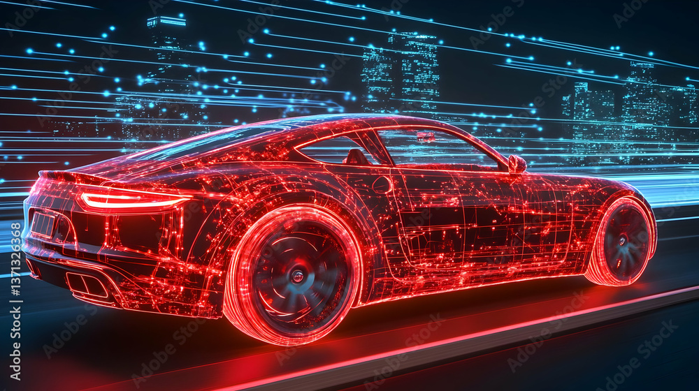 Obraz premium Digital Red Car with Blue Lights on Road a Futuristic 3D Illustration