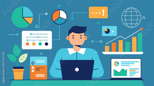 A lone analyst surrounded by a sea of charts and spreadsheets conducting a detailed analysis of energy usage in different regions.. Vector illustration