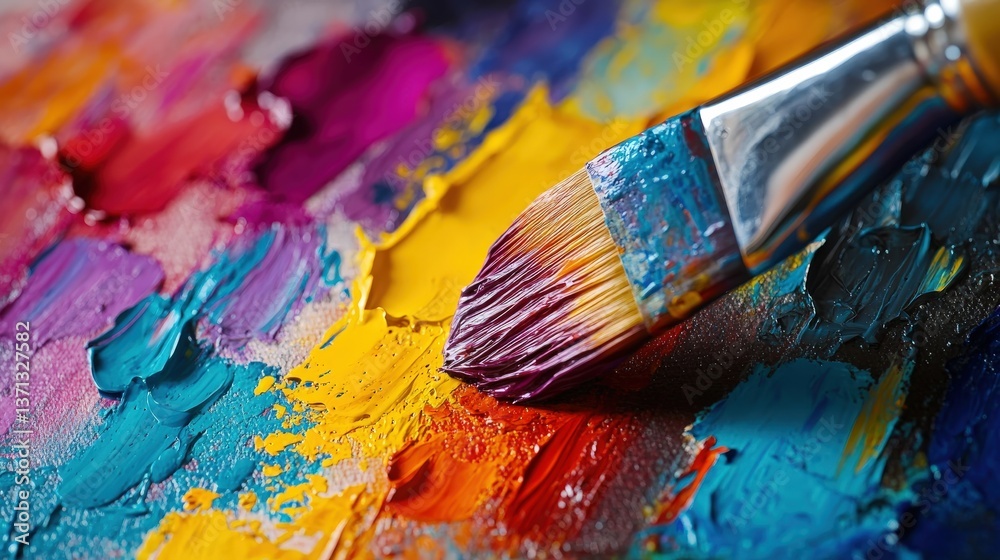 Obraz premium A colorful paintbrush resting on a vibrant paint palette