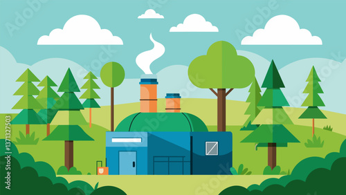 A compact biogas plant located on the edge of a lush forest powered by organic waste from nearby agricultural fields.. Vector illustration