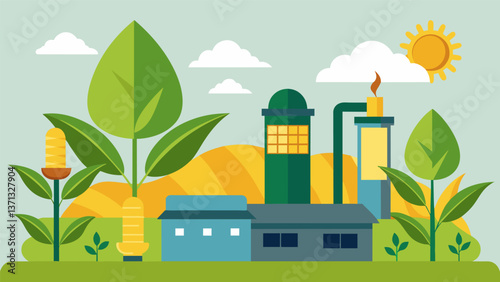 A corn husk power plant utilizing leftover corn waste to produce energy for nearby homes and businesses.. Vector illustration