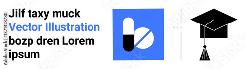 Graduation cap with tassel paired alongside a pharmaceutical pill icon in a clean, split-layout composition. Ideal for education, career paths, healthcare integration, e-learning, medical training