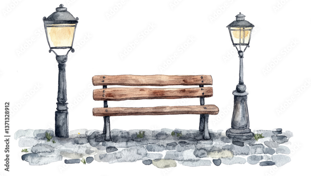 Obraz premium park bench between two lampposts