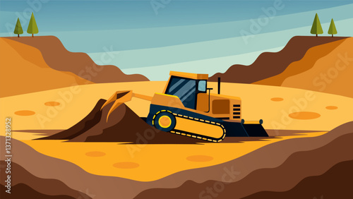 A bulldozer pushing through layers of clay and sand revealing a deep pit filled with dark viscous tar sand.. Vector illustration