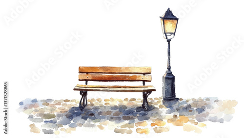 park bench and a lamppost.