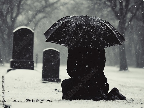 Grieving Figure, Snowy Cemetery
