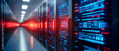 A high-tech server room featuring rows of servers with vibrant blue and red lights, emphasizing a modern and efficient data storage environment.