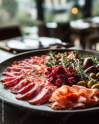 An elegantly arranged sliced platter on a plate, set in a sophisticated restaurant.