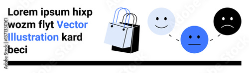 Neutral shopping bags beside emotive faces ranging from happy to sad, visually tracking consumer satisfaction. Ideal for e-commerce, customer feedback, retail behavior, user experience, consumer