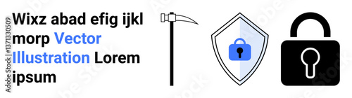 Pickaxe, shield with locked padlock, and standalone padlock suggest security, protection, mining, data encryption, privacy, and online safety. Ideal for cybersecurity data analysis blockchain