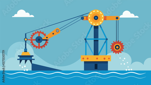 A large stationary mechanical arm extends into the water its movements directed by the waves and connected to a system of pulleys and levers that. Vector illustration