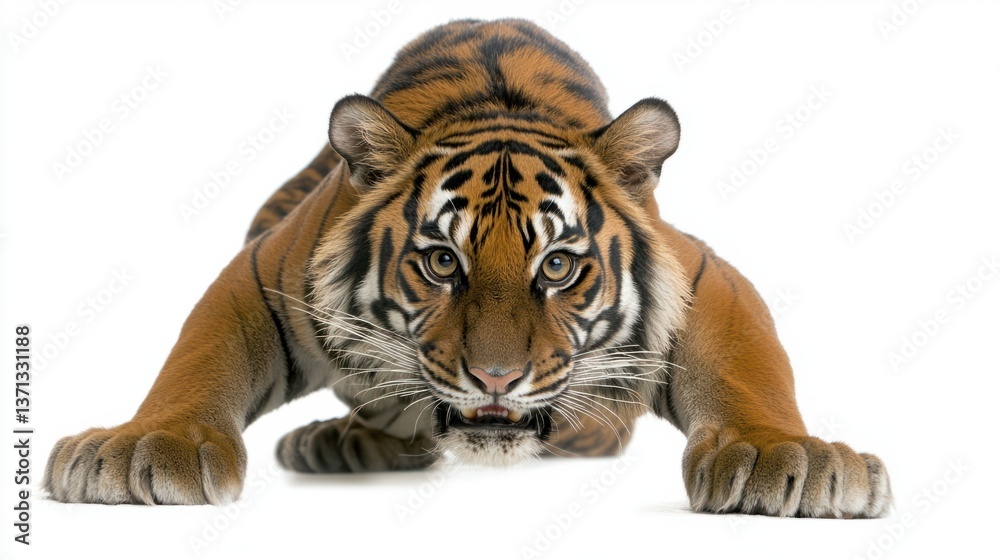 Obraz premium Striking Close-Up of a Tiger Preparing to Pounce in White Background