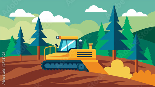 A bulldozer clearing acres of trees and vegetation to make way for a sprawling tar sands development project.. Vector illustration