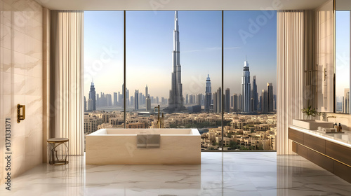 Luxury Bathroom Interior With Panoramic City View in Dubai Photo
