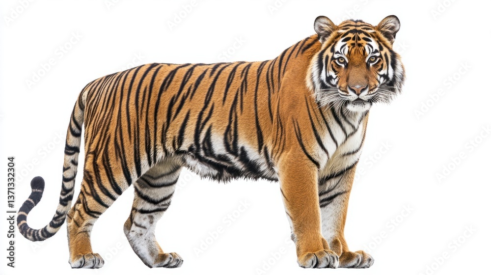 Fototapeta premium Majestic tiger standing tall against a plain white background