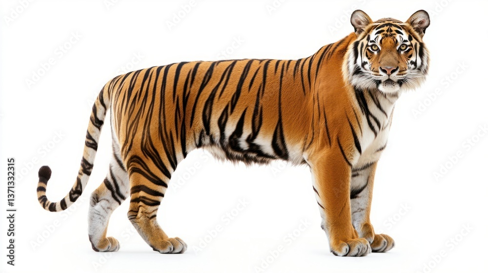 Fototapeta premium Majestic Tiger Standing Proudly on White Background in Full Profile