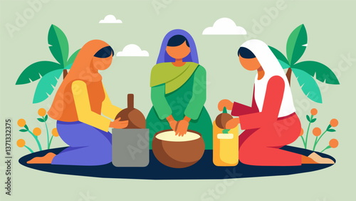 A group of women in colorful scarves sat on the ground mashing floating coconuts in their traditional press to produce fragrant coconut oil.. Vector illustration
