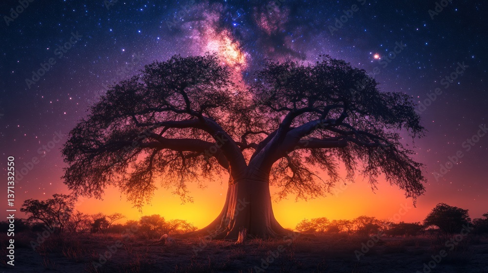Obraz premium Majestic baobab tree under a vibrant Milky Way sunset