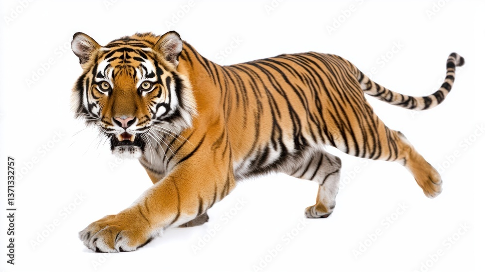 Obraz premium Majestic Bengal Tiger Walking Gracefully on Pure White Background