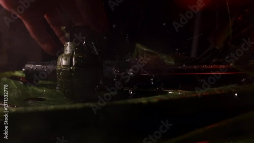 Wallpaper Mural Slow  motion 4k jungle miltary scene knife and hand grenage with camera dolly movement and rain - man hand picking up knife an lifting it out of frame Torontodigital.ca