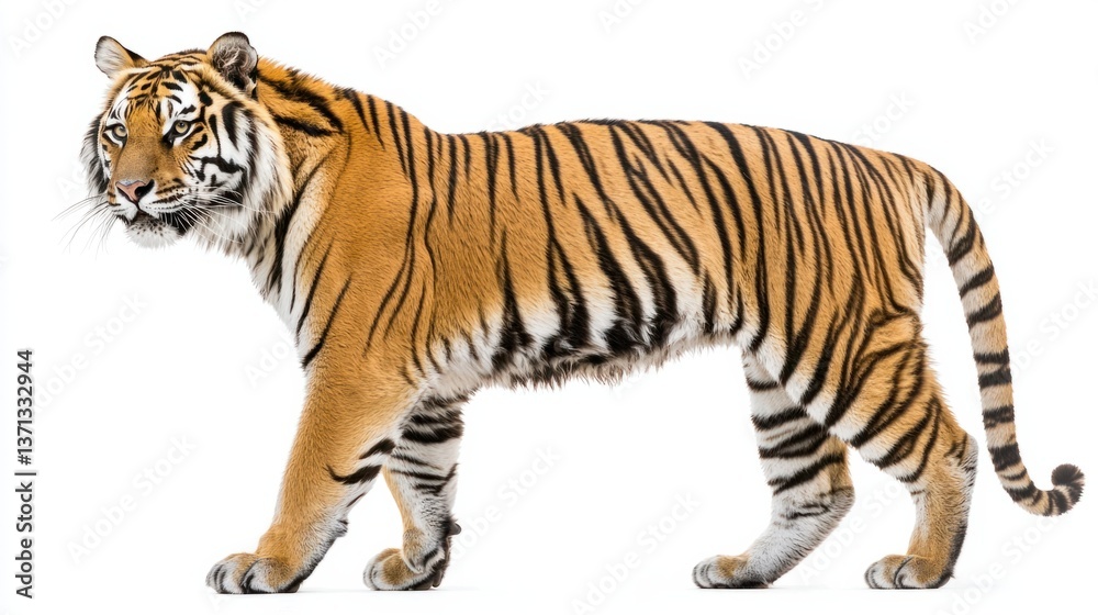 Obraz premium Majestic Tiger Walking Gracefully on a White Background