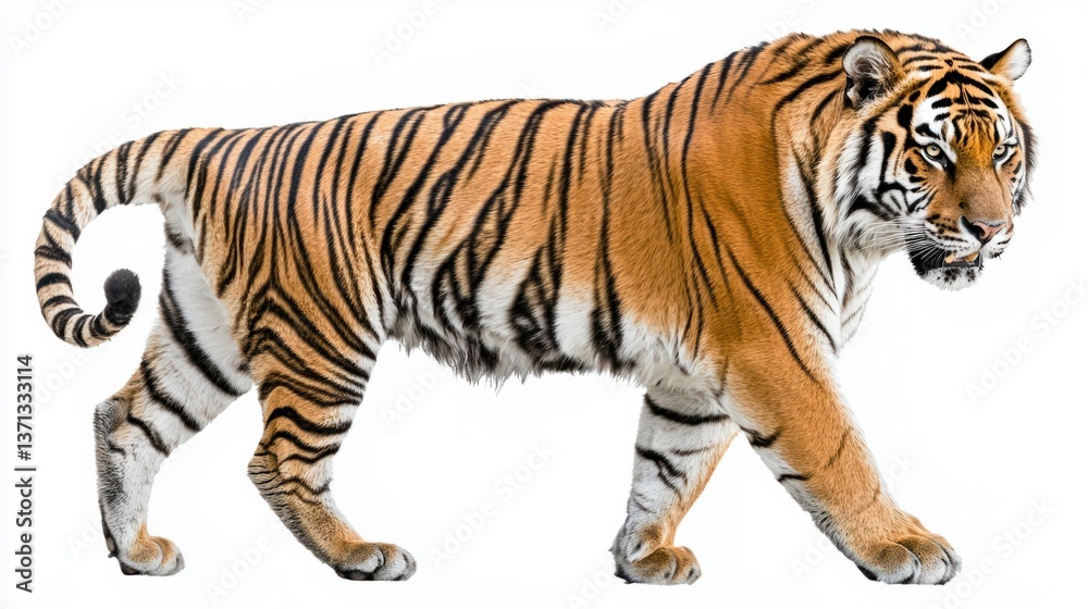 Obraz premium Majestic Tiger Walking with Striking Stripes Against White Background
