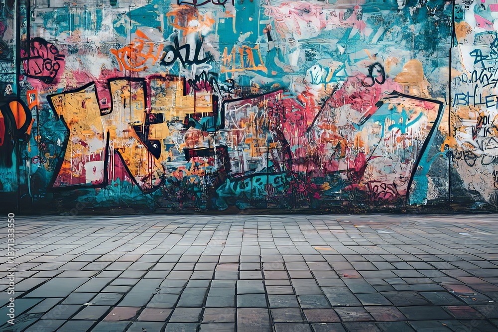 Fototapeta premium A colorful graffiti covered wall is next to a brick surface