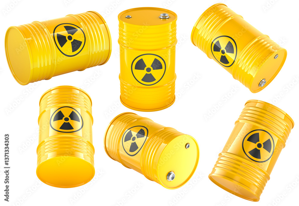 Barrel with radioactive waste, different views and angles. 3D rendering isolated on transparent background