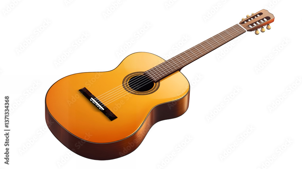 Fototapeta premium Small classic guitar with a polished wooden body and detailed strings isolated on a transparent background